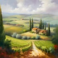 Romantic rural landscape on a sunny day in Italy with vineyards, farms, meadows, fields and trees in the background. Tuscany Royalty Free Stock Photo