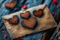 Romantic rusticity Wooden hearts surround a rustic Valentine envelope