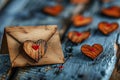 Romantic rusticity Wooden hearts surround a rustic Valentine envelope