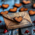 Romantic rusticity Wooden hearts surround a rustic Valentine envelope