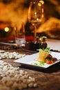 Romantic salmon steak dinner with red wine Royalty Free Stock Photo