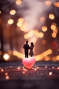 A romantic scene of a couple holding hands with a blurred heart-shaped bokeh in the background