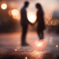 A romantic scene of a couple holding hands with a blurred heart-shaped bokeh in the background