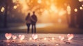 A romantic scene of a couple holding hands with a blurred heart-shaped bokeh in the background