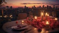 Romantic scene of a couple sharing a candlelit dinner on rooftop terrace overlooking city skyline. Table is adorned with roses and