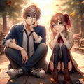 A romantic scene of a handsome anime man and a cute anime girl in a park, tree, cute pose, digital anime art, nature view, fantasy