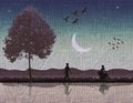 Romantic scene painted on fabric Royalty Free Stock Photo