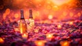 A romantic scene two champagne bottles in an ice bucket on a cozy picnic blanket Royalty Free Stock Photo