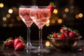 Romantic scene with two glasses of refreshing pink cocktail garnished with fresh strawberries