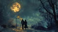 A romantic scene of two lovers strolling down a gas lamplit path in the moonlight Royalty Free Stock Photo