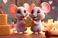 Romantic scene for Valentine's Day features two adoring white mice, tenderly holding heart shaped cheese in their