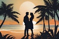 A romantic scene of a woman and a man, in a silhouette, at a whimsical sandy beach, with palm tree, plants, sunset, love scene Royalty Free Stock Photo