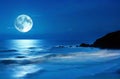 Romantic and Scenic Panorama: Enchanting Full Moon Night Over the Sea. Royalty Free Stock Photo