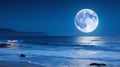 Romantic and Scenic Panorama: Enchanting Full Moon Night Over the Sea. Royalty Free Stock Photo