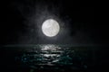 Romantic and scenic panorama with full moon on sea to night. Table decoration with moon miniature and water