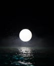 Romantic and scenic panorama with full moon on sea to night. Table decoration with moon miniature and water