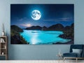 Romantic picture on wall with full moon on shining blue lagoon at night