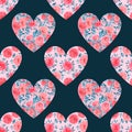 Romantic seamless background with hearts and watercolor roses. Bright cute pattern for postcard, wrapping paper, textiles, fashion Royalty Free Stock Photo