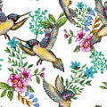 Romantic seamless pattern background with rose peonies daisy flowers birds and cages watercolor gouache illustration Royalty Free Stock Photo