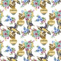 Romantic seamless pattern background with rose peonies daisy flowers birds and cages watercolor gouache illustration Royalty Free Stock Photo