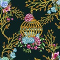 Romantic seamless pattern background with rose peonies daisy flowers birds and cages watercolor gouache illustration Royalty Free Stock Photo