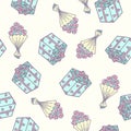 Romantic seamless pattern with bouquet of roses and presents.