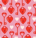 Romantic seamless pattern with bright red skeleton key and heart shaped lock on pink background. Retro vector design texture for Royalty Free Stock Photo