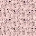 Romantic seamless pattern. Cute enamored bears with flowers on light pink background. Vector illustration in doodle