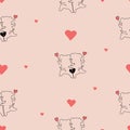 Romantic seamless pattern. Cute enamored dogs from back with hearts on light pink background. Vector illustration in