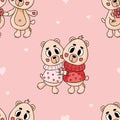 Romantic seamless pattern with cute enamored teddy bears on pink background. Vector illustration. Endless background for