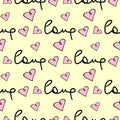 Romantic seamless pattern with cute hearts and handwritten love text. Sketch, doodle.
