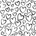 Romantic seamless pattern with cute images of hearts. Charcoal drawing on a white sheet.