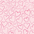 Romantic seamless pattern with cute images of hearts on a pink background. The style of children`s drawing.