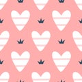 Romantic seamless pattern with cute striped hearts and crowns. Drawn by hand.