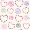 Romantic seamless pattern of floral hearts and balls on light yellow background.