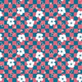 Romantic seamless pattern with flowers and hearts on checkered background. Hippie aesthetic print for fabric, paper, T-shirt. Royalty Free Stock Photo