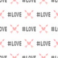 Romantic seamless pattern with hashtag Love and hearts with arrows. Cute print. White, pink, black.
