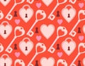 Romantic seamless pattern with heart shaped skeleton key and lock on bright red background. Retro vector design texture for Royalty Free Stock Photo