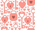 Romantic seamless pattern with heart shaped skeleton key and lock on white background. Retro vector design texture for wedding, Royalty Free Stock Photo