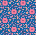 Romantic seamless pattern with heart shaped skeleton keys and locks on bright blue background. Retro vector design texture for Royalty Free Stock Photo