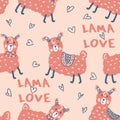 Romantic seamless pattern with lamas, hearts and text LAMA LOVE. Perfect for T-shirt, textile and print. Hand drawn