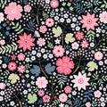 Romantic seamless pattern with little pink flowers and green leaves. Ditsy floral illustration. Royalty Free Stock Photo