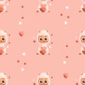 Romantic Seamless pattern. Llama cute alpaca with heart on pink background. Vector illustration valentine backdrop in