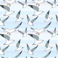 Romantic seamless pattern in pastel colors of sea theme. Flying white gulls over the blue sea.