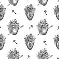 Romantic seamless pattern with pierced heart, flowers and retro keys. Hand drawn illustration in engraving style.