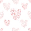 Romantic seamless pattern. Pink decorative hearts on white background. Vector illustration in doodle style. Endless