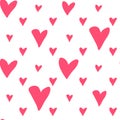 Romantic seamless pattern with pink hearts on a white background, vector