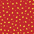 Romantic seamless pattern. Repeated golden hearts and polka dots on red background.