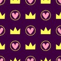 Romantic seamless pattern. Repeating cute print with crowns and hearts.