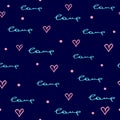 Romantic seamless pattern. Repeating polka dots, text Love, hearts drawn by hand. Bright cute print. Doodle, sketch.